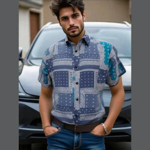 JOGAL Men's Paisley Bandana Print Hawaiian Shirt M Blue White.
